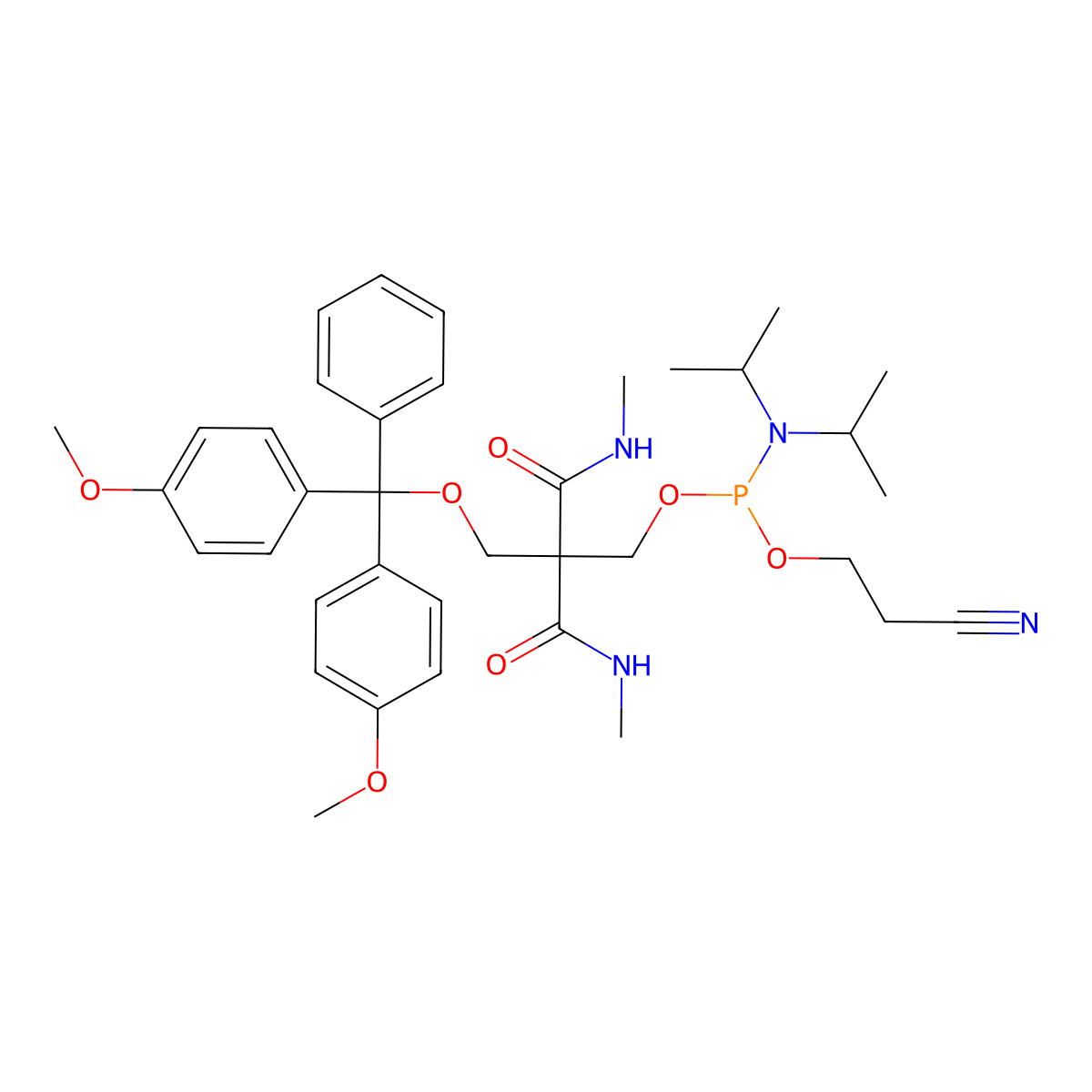 2-((Bis(4-methoxyphenyl)(phenyl)methoxy)methyl)-3-(methylamino)-2-(methylcarbamoyl)-3-oxopropyl (2-cyanoethyl) diisopropylphosphoramidite molecular structure, CAS 202284-84-2