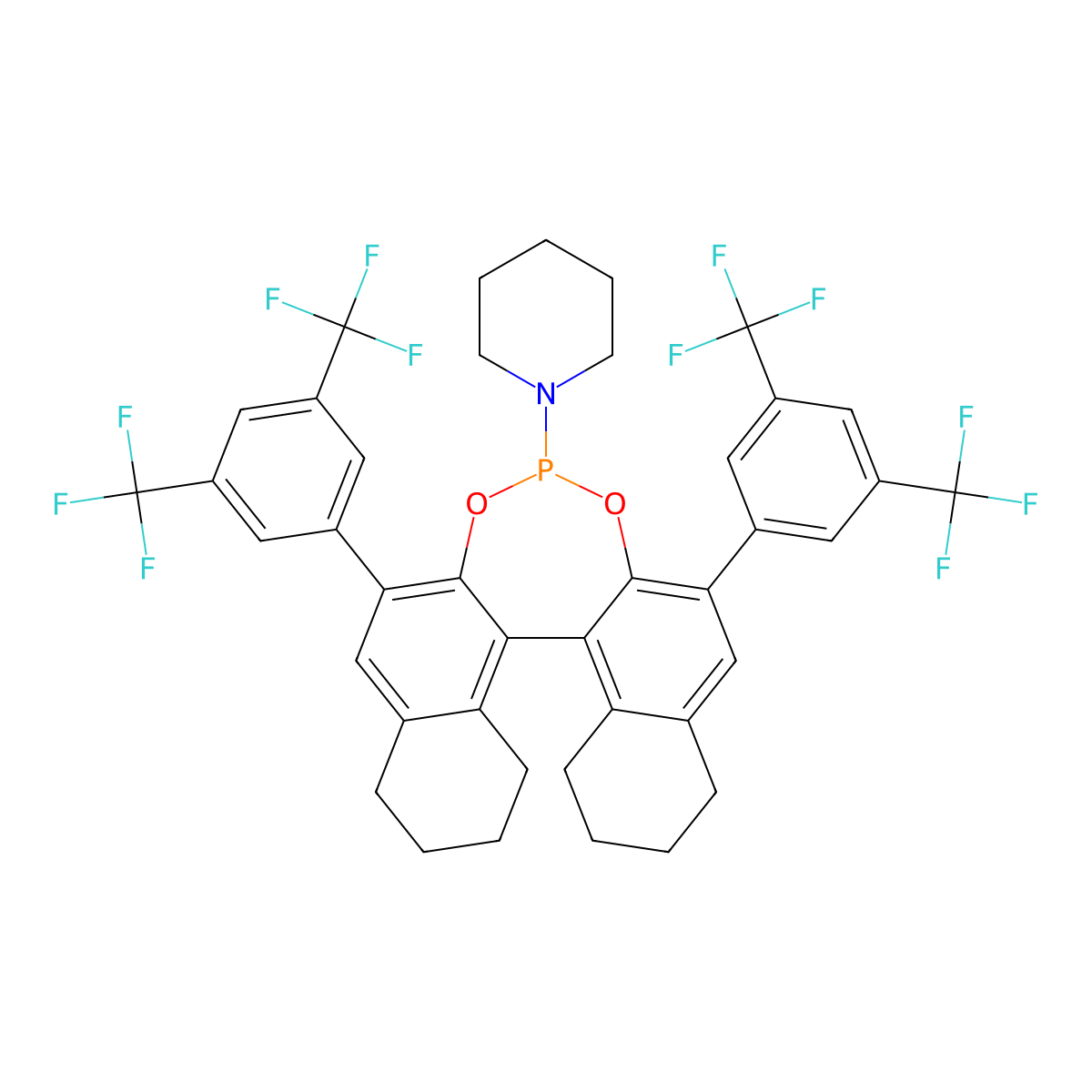 1-(2,6-Bis(3,5-bis(trifluoromethyl)phenyl)-8,9,10,11,12,13,14,15-octahydrodinaphtho[2,1-d:1',2'-f][1,3,2]dioxaphosphepin-4-yl)piperidine molecular structure, CAS 2022988-30-1