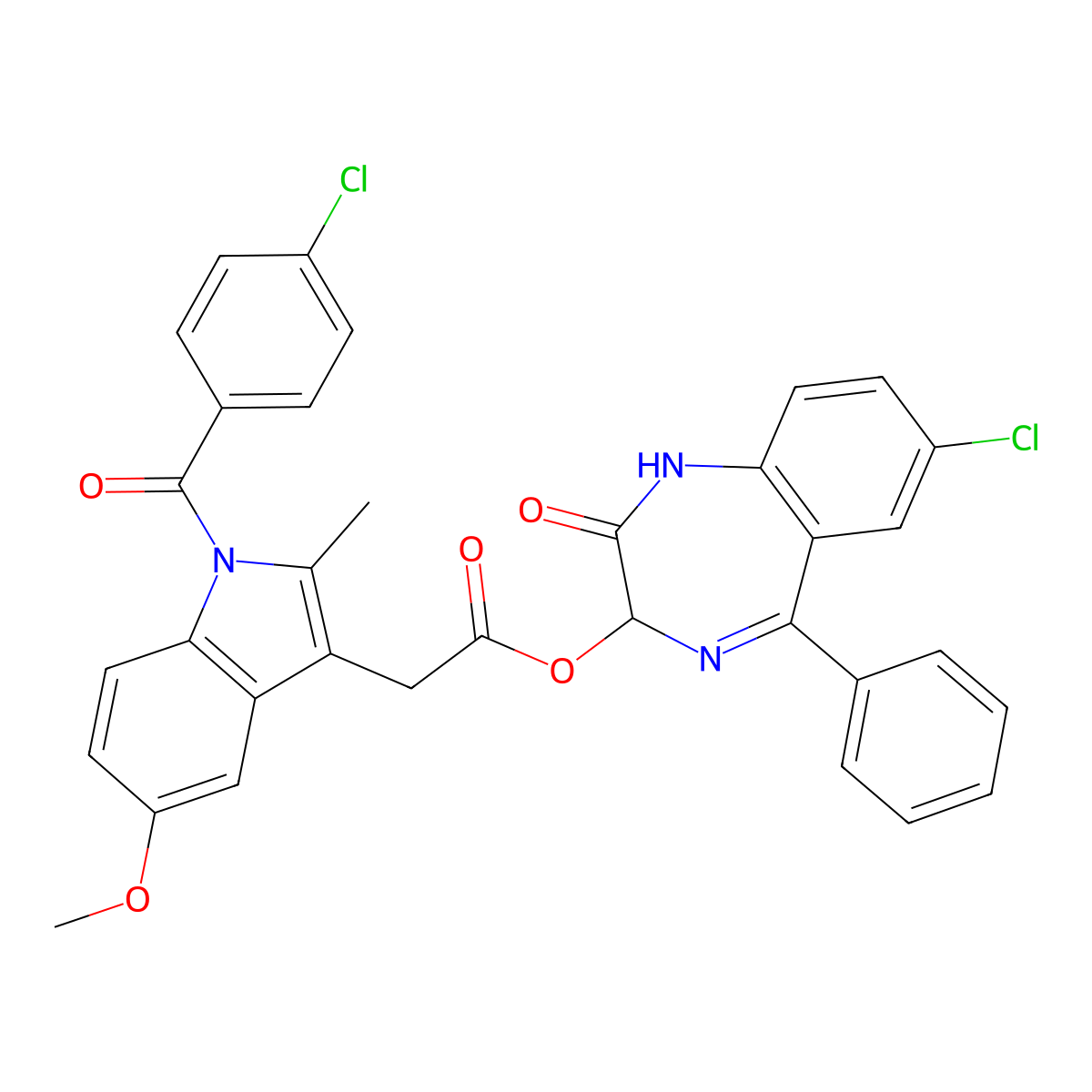 Indole-3-acetic acid, 1-(p-chlorobenzoyl)-5-methoxy-2-methyl-, ester with 7-chloro-1,3-dihydro-3-hydroxy-5-phenyl-2H-1,4-benzodiazepin-2-one molecular structure, CAS 20231-05-4