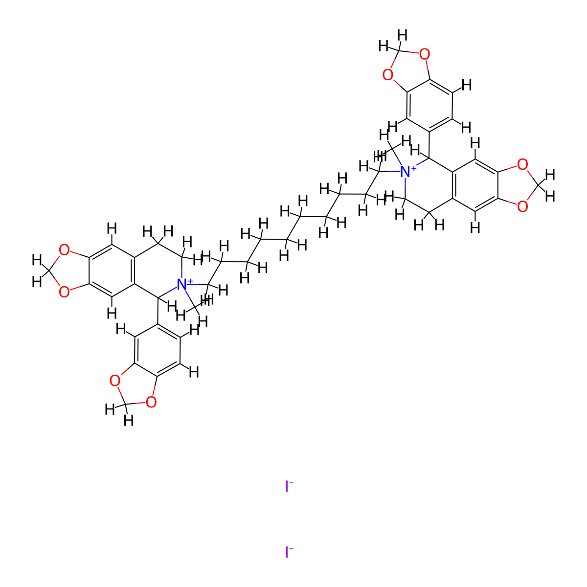 1,3-Dioxolo(4,5-g)isoquinolinium, 6,6'-decamethylenebis(5,6,7,8-tetrahydro-6-methyl-5-(3,4-(methylenedioxy)phenyl)-, diiodide molecular structure, CAS 20232-95-5