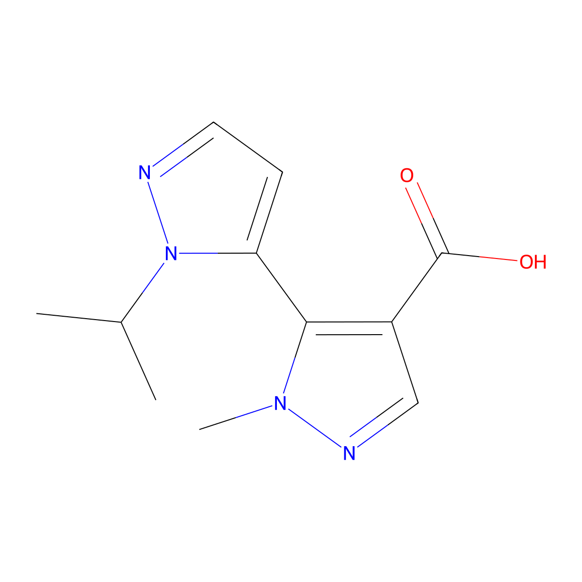 1-methyl-5-[1-(propan-2-yl)-1H-pyrazol-5-yl]-1H-pyrazole-4-carboxylic acid molecular structure, CAS 2023466-06-8