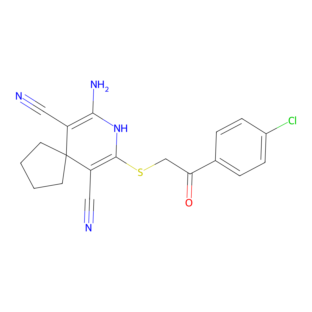 7-Amino-9-[2-(4-chlorophenyl)-2-oxoethyl]sulfanyl-8-azaspiro[4.5]deca-6,9-diene-6,10-dicarbonitrile molecular structure, CAS 202350-15-0