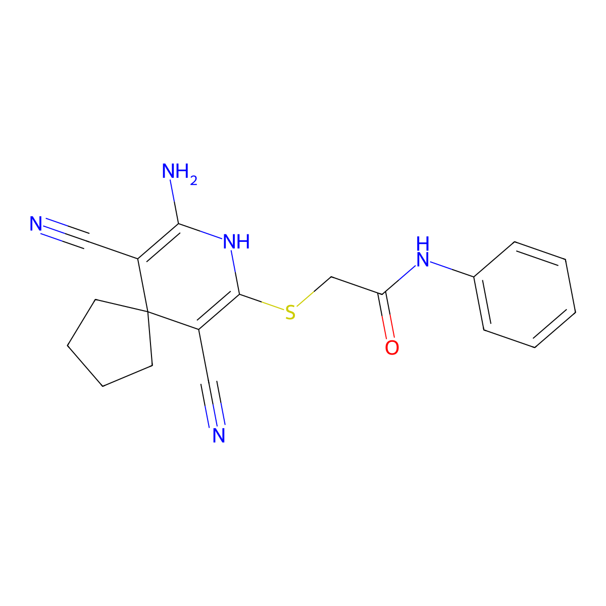 2-[(7-amino-6,10-dicyano-8-azaspiro[4.5]deca-6,9-dien-9-yl)sulfanyl]-N-phenylacetamide molecular structure, CAS 202350-16-1