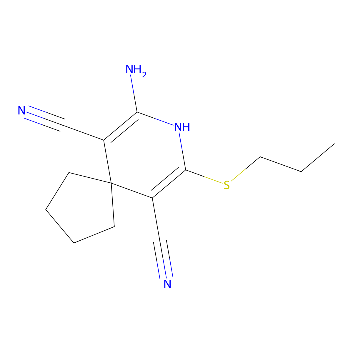 7-Amino-9-propylsulfanyl-8-azaspiro[4.5]deca-6,9-diene-6,10-dicarbonitrile molecular structure, CAS 202350-23-0