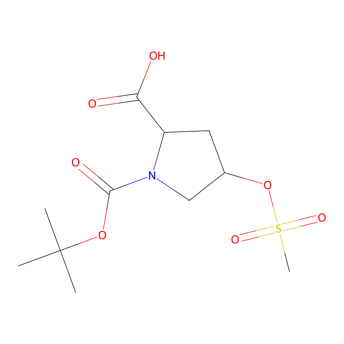 (2S,4R)-1-(tert-Butoxycarbonyl)-4-((methylsulfonyl)oxy)pyrrolidine-2-carboxylic acid molecular structure, CAS 202477-59-6