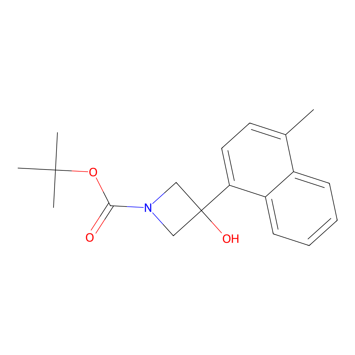 1,1-Dimethylethyl 3-hydroxy-3-(4-methyl-1-naphthalenyl)-1-aZetidinecarboxylate molecular structure, CAS 2025101-01-1