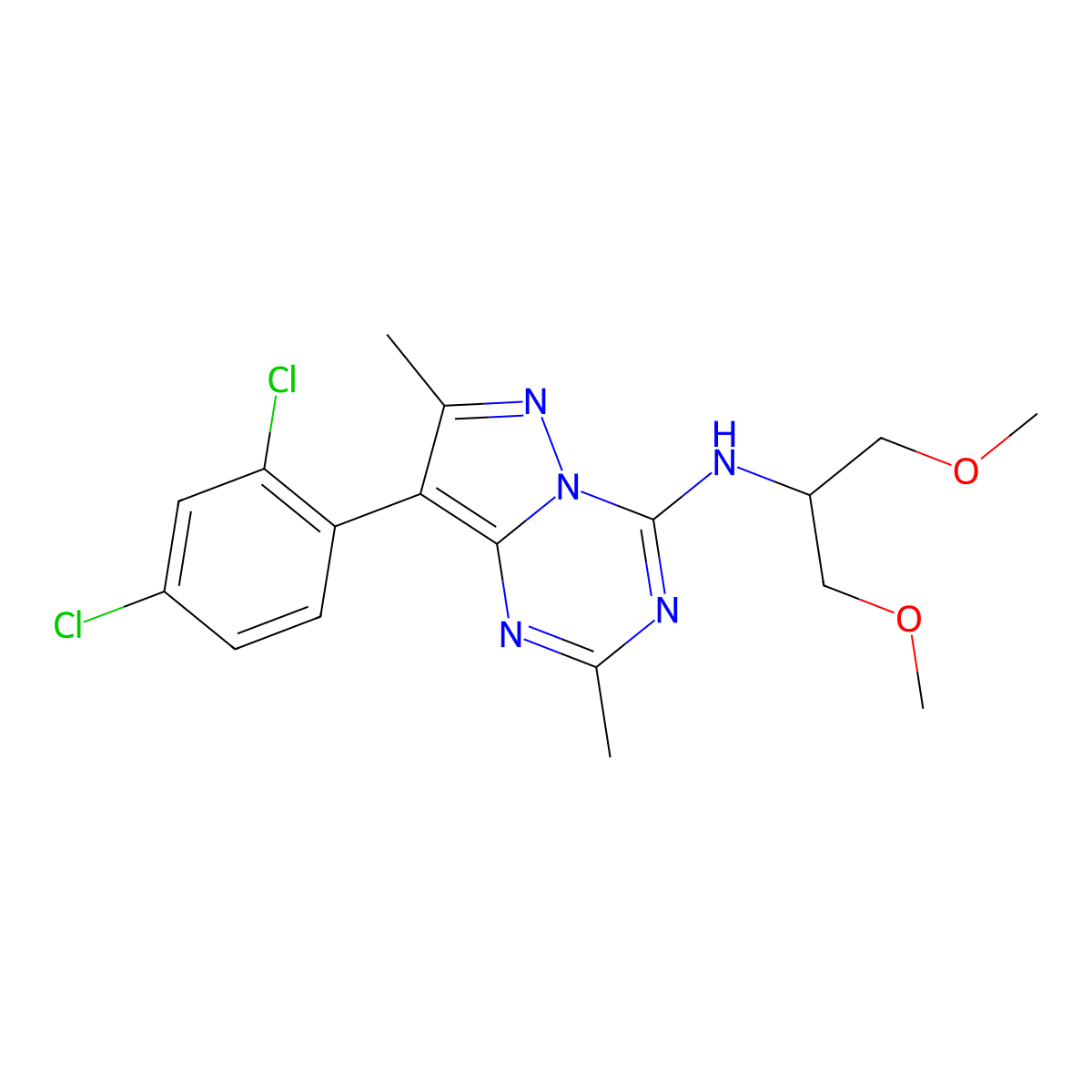 8-(2,4-dichlorophenyl)-N-(1,3-dimethoxypropan-2-yl)-2,7-dimethylpyrazolo[1,5-a][1,3,5]triazin-4-amine molecular structure, CAS 202578-52-7