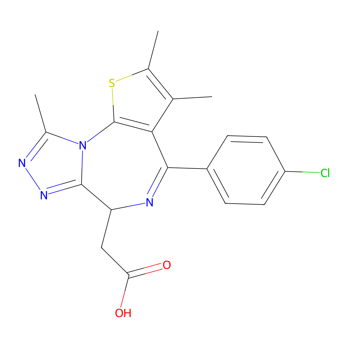 2-((9S)-7-(4-chlorophenyl)-4,5,13-trimethyl-3-thia-1,8,11,12-tetraazatricyclo(8.3.0.0,2,6)trideca-2(6),4,7,10,12-pentaen-9-yl)acetic acid molecular structure, CAS 202592-23-2