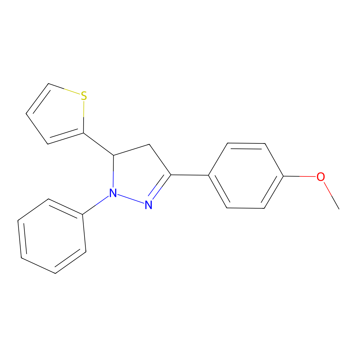 1H-Pyrazole, 4,5-dihydro-3-(4-methoxyphenyl)-1-phenyl-5-(2-thienyl)- molecular structure, CAS 20264-73-7
