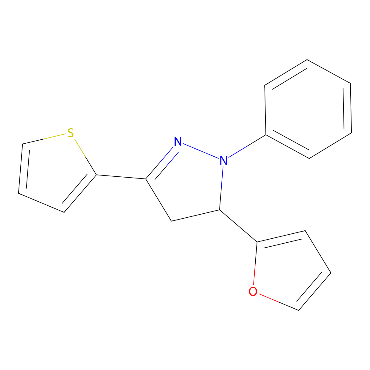 5-Furan-2-yl-1-phenyl-3-thiophen-2-yl-4,5-dihydro-1H-pyrazole molecular structure, CAS 20264-77-1