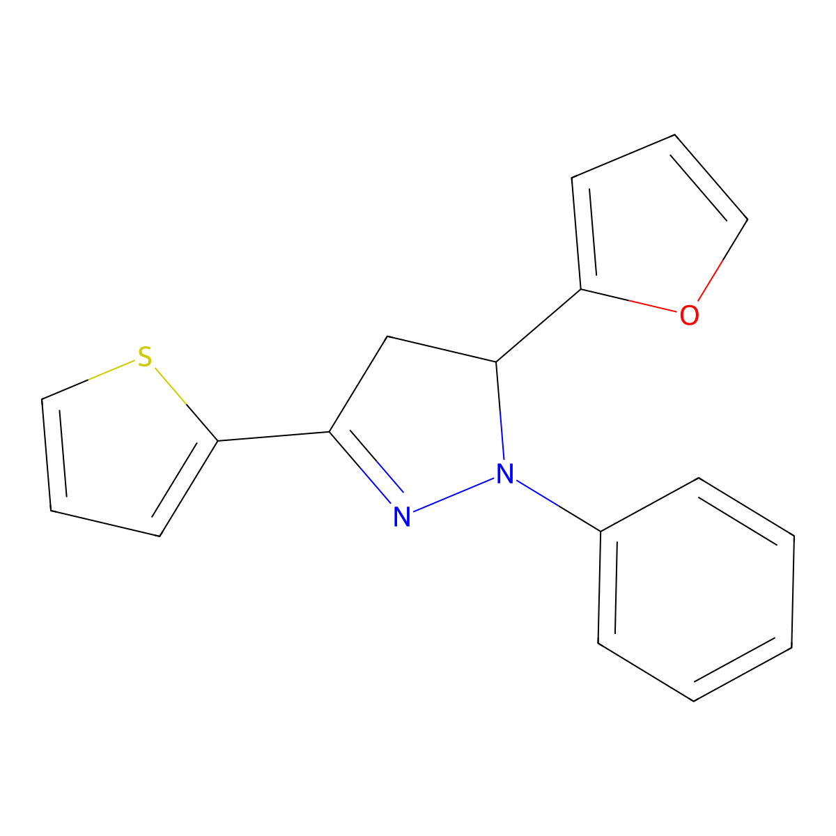 5-Furan-2-yl-1-phenyl-3-thiophen-2-yl-4,5-dihydro-1H-pyrazole molecular structure, CAS 20264-77-1