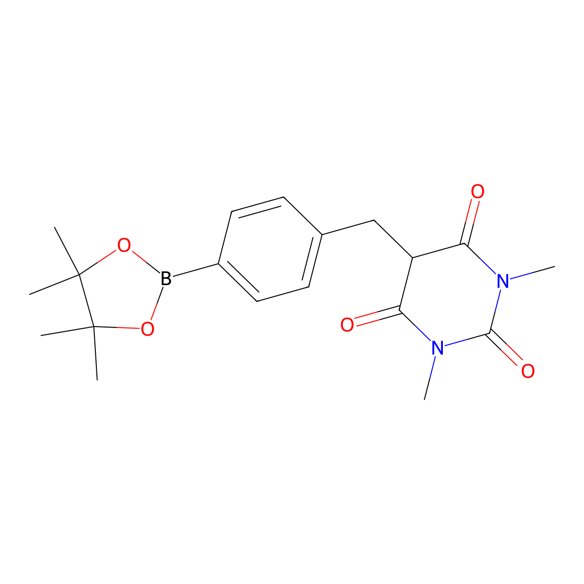 1,3-Dimethyl-5-[4-(4,4,5,5-tetramethyl-[1,3,2]dioxaborolan-2-yl)-benzyl]-pyrimidine-2,4,6-trione molecular structure, CAS 2027543-00-4