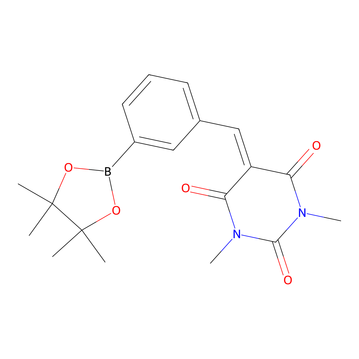 1,3-Dimethyl-5-(3-(4,4,5,5-tetramethyl-(1,3,2)dioxaborolan-2-yl)-benzylidene)-pyrimidine-2,4,6-trione molecular structure, CAS 2027543-16-2