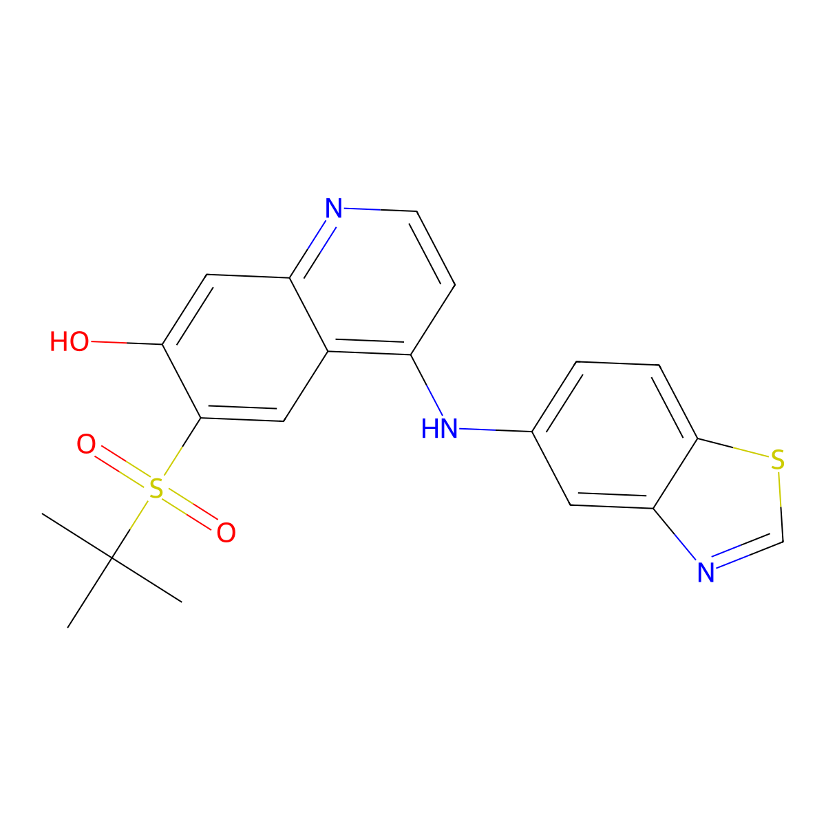 4-(Benzo[d]thiazol-5-ylamino)-6-(tert-butylsulfonyl)quinolin-7-ol molecular structure, CAS 2027561-86-8