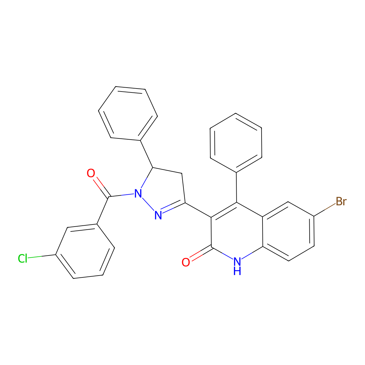 [3-(6-bromo-2-hydroxy-4-phenylquinolin-3-yl)-5-phenyl-4,5-dihydro-1H-pyrazol-1-yl](3-chlorophenyl)methanone molecular structure, CAS 202808-24-0