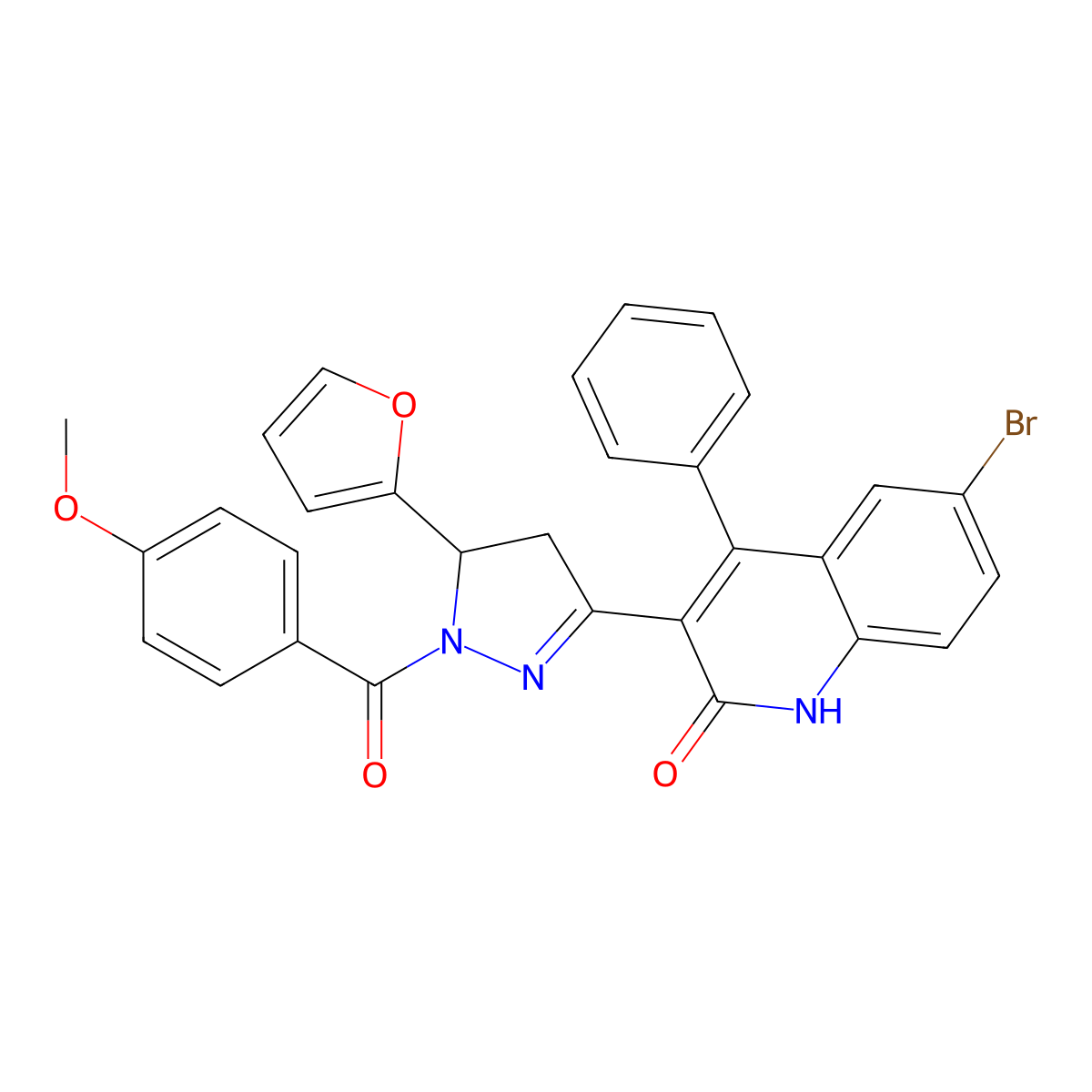 6-bromo-3-(5-(furan-2-yl)-1-(4-methoxybenzoyl)-4,5-dihydro-1H-pyrazol-3-yl)-4-phenylquinolin-2(1H)-one molecular structure, CAS 202821-43-0
