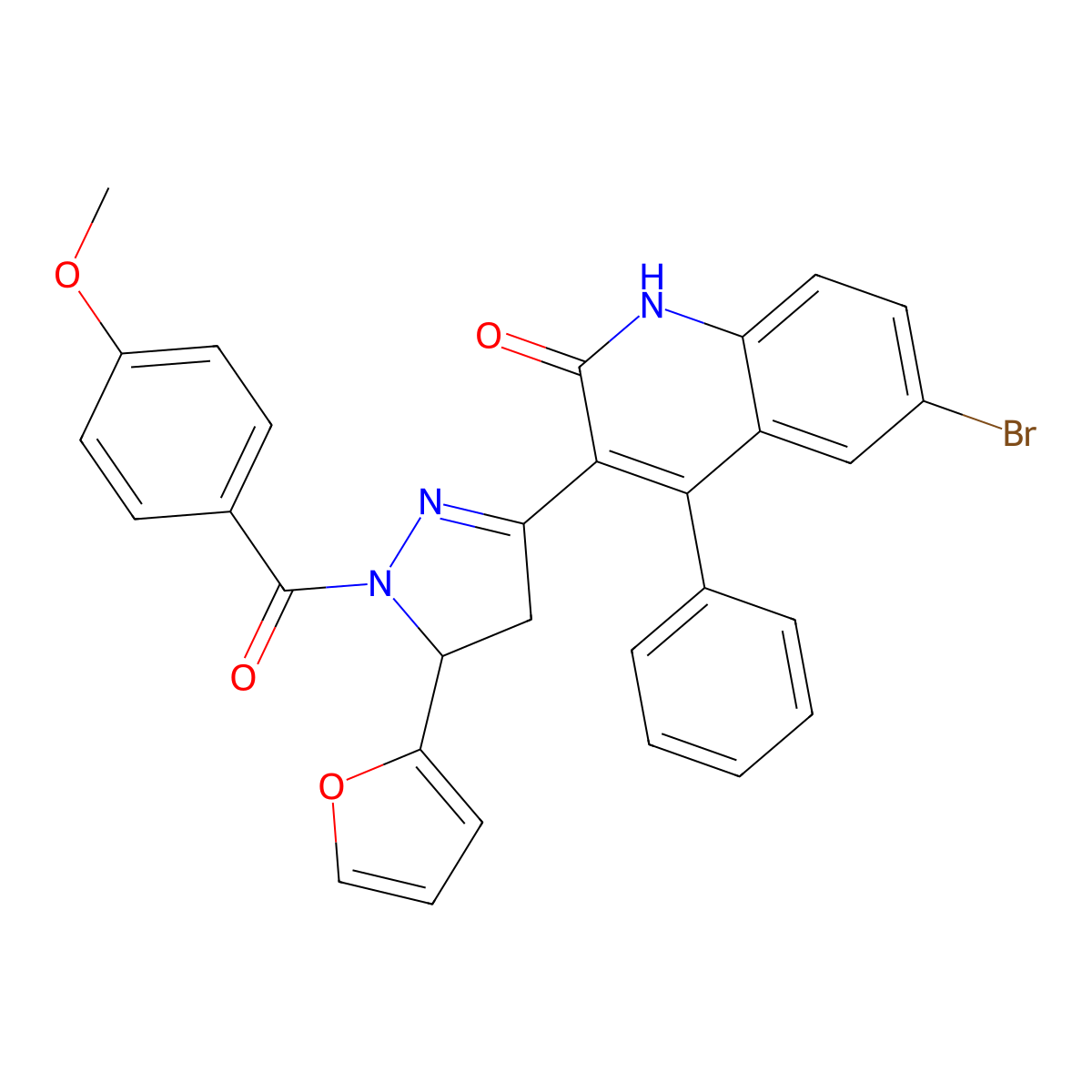 6-bromo-3-(5-(furan-2-yl)-1-(4-methoxybenzoyl)-4,5-dihydro-1H-pyrazol-3-yl)-4-phenylquinolin-2(1H)-one molecular structure, CAS 202821-43-0