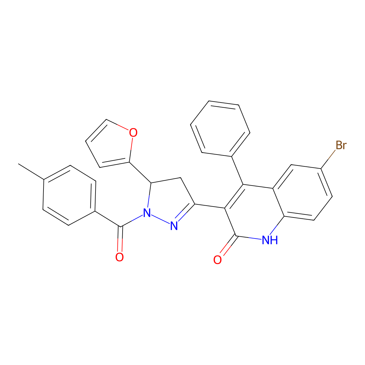 6-bromo-3-(5-(furan-2-yl)-1-(4-methylbenzoyl)-4,5-dihydro-1H-pyrazol-3-yl)-4-phenylquinolin-2(1H)-one molecular structure, CAS 202821-44-1