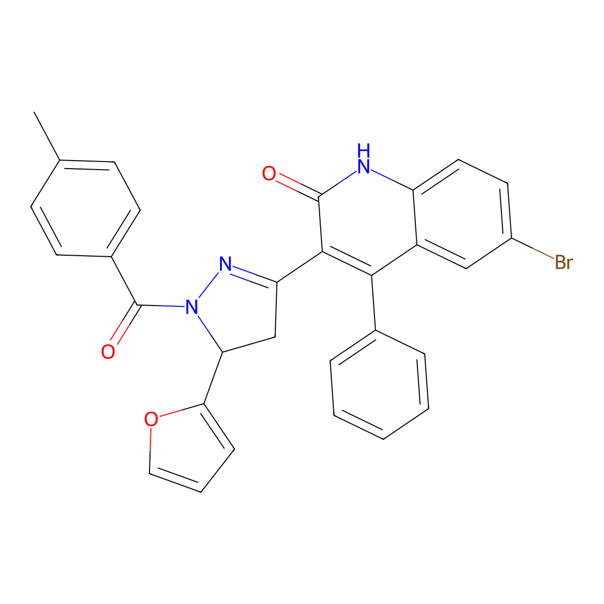 6-bromo-3-(5-(furan-2-yl)-1-(4-methylbenzoyl)-4,5-dihydro-1H-pyrazol-3-yl)-4-phenylquinolin-2(1H)-one molecular structure, CAS 202821-44-1