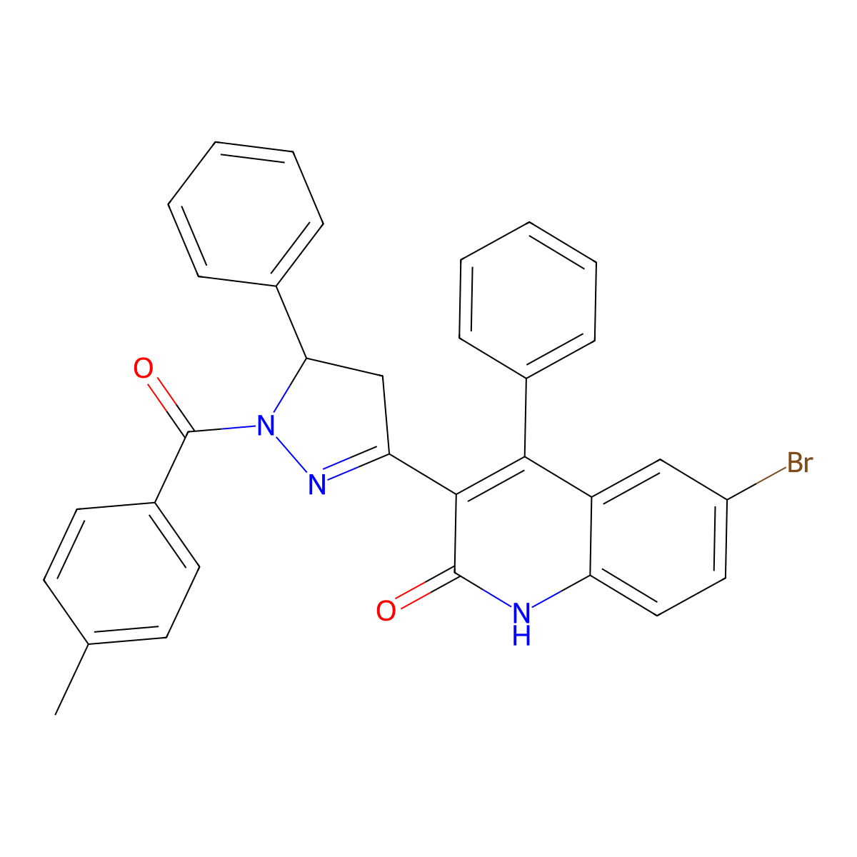 6-bromo-3-(1-(4-methylbenzoyl)-5-phenyl-4,5-dihydro-1H-pyrazol-3-yl)-4-phenylquinolin-2(1H)-one molecular structure, CAS 202821-46-3