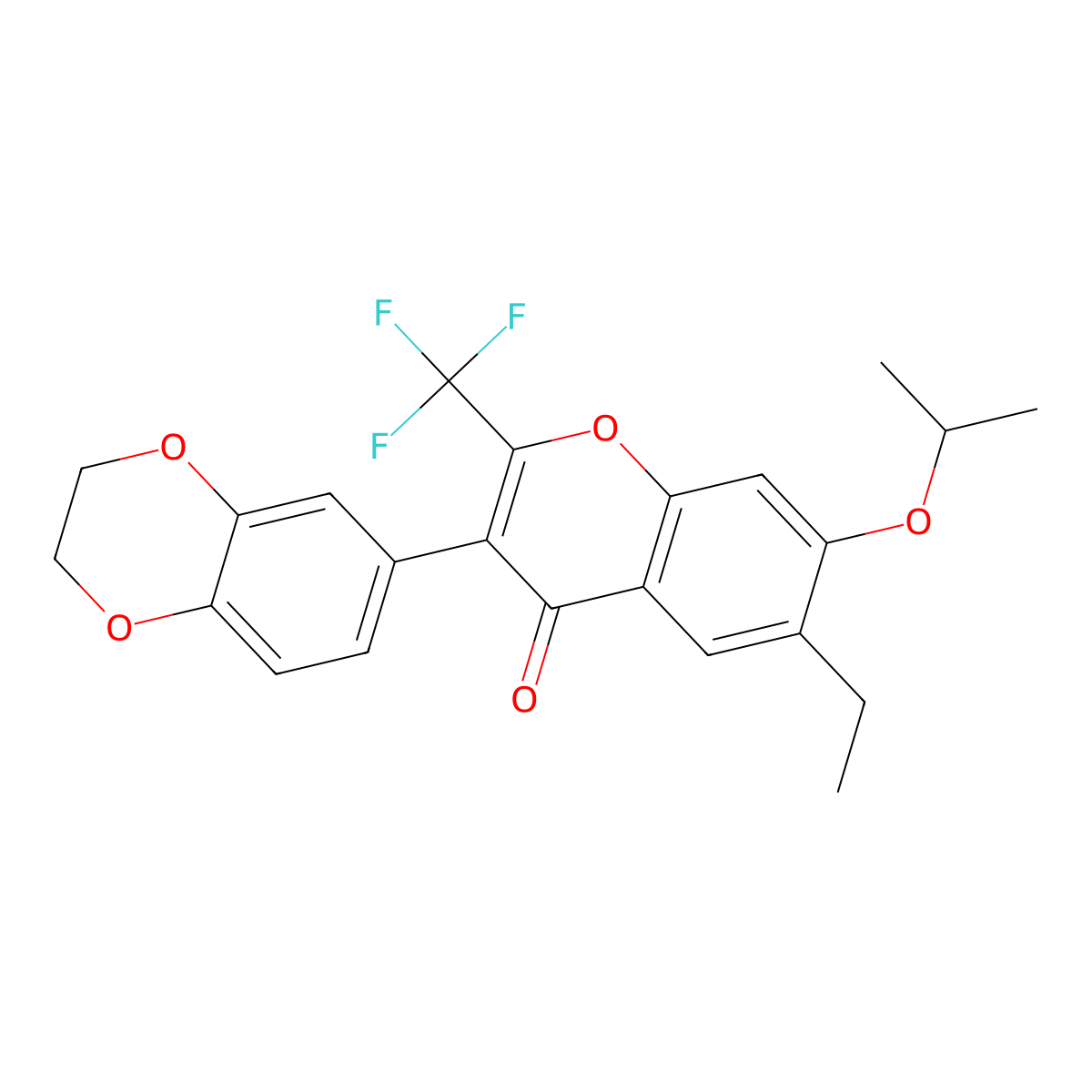 3-(2,3-dihydrobenzo[b][1,4]dioxin-6-yl)-6-ethyl-7-isopropoxy-2-(trifluoromethyl)-4H-chromen-4-one molecular structure, CAS 202843-24-1