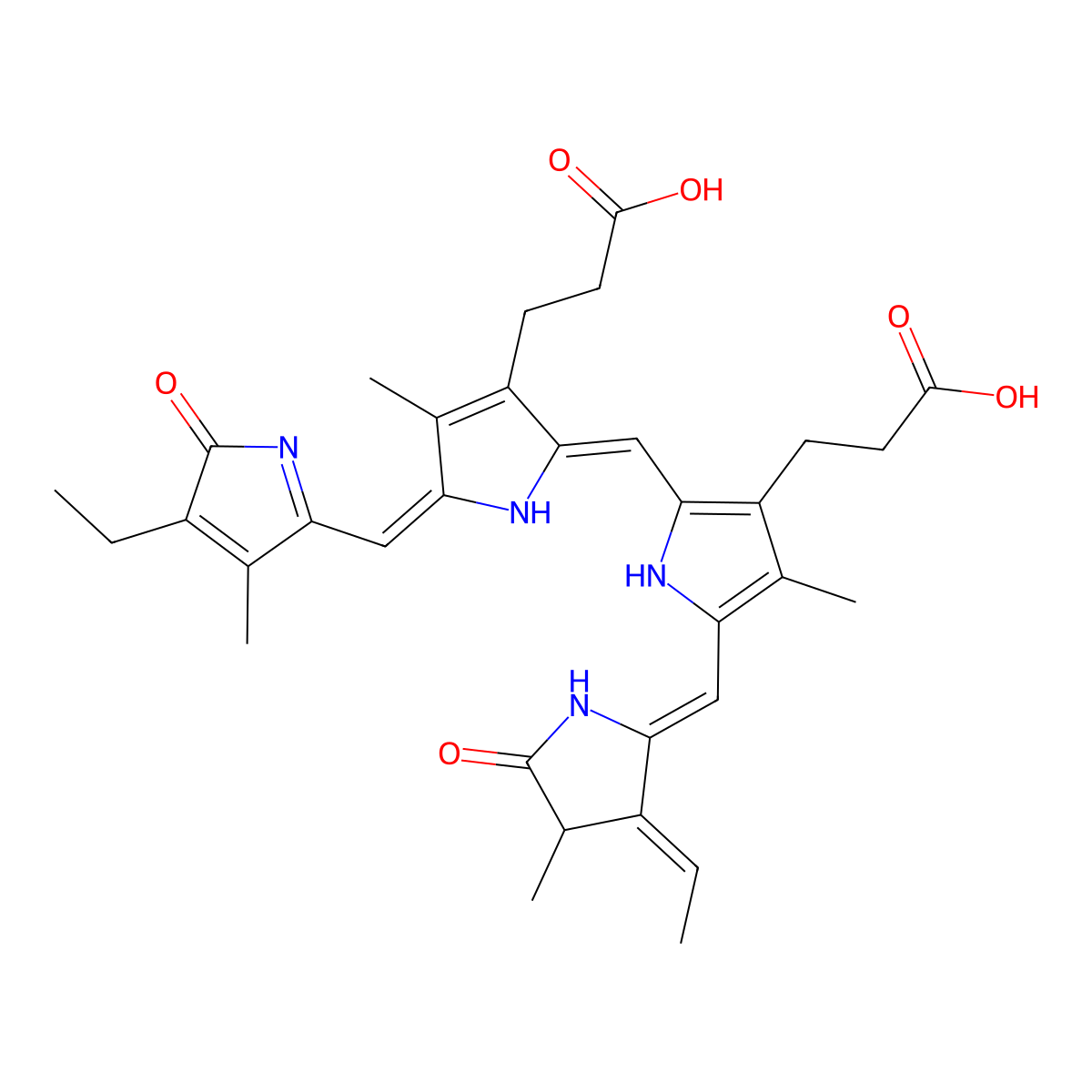3-[2-[[3-(2-carboxyethyl)-5-[(3-ethylidene-4-methyl-5-oxopyrrolidin-2-ylidene)methyl]-4-methyl-1H-pyrrol-2-yl]methylidene]-5-[(4-ethyl-3-methyl-5-oxopyrrol-2-yl)methylidene]-4-methylpyrrol-3-yl]propanoic acid molecular structure, CAS 20298-86-6