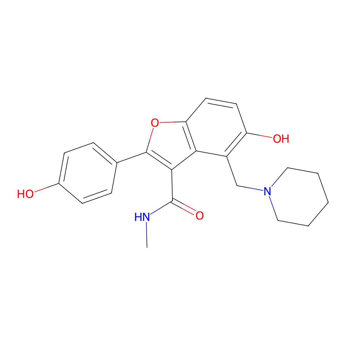 5-hydroxy-2-(4-hydroxyphenyl)-N-methyl-4-(piperidin-1-ylmethyl)benzofuran-3-carboxamide molecular structure, CAS 2030241-59-7
