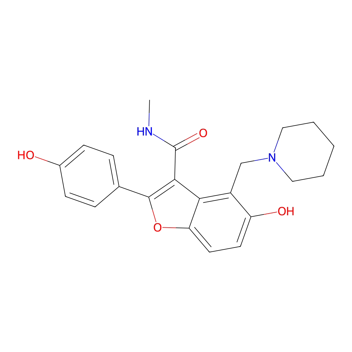 5-hydroxy-2-(4-hydroxyphenyl)-N-methyl-4-(piperidin-1-ylmethyl)benzofuran-3-carboxamide molecular structure, CAS 2030241-59-7