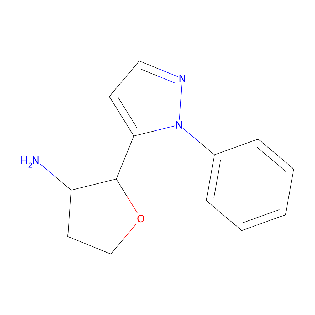 rac-(2R,3R)-2-(1-phenyl-1H-pyrazol-5-yl)oxolan-3-amine, trans molecular structure, CAS 2031242-22-3