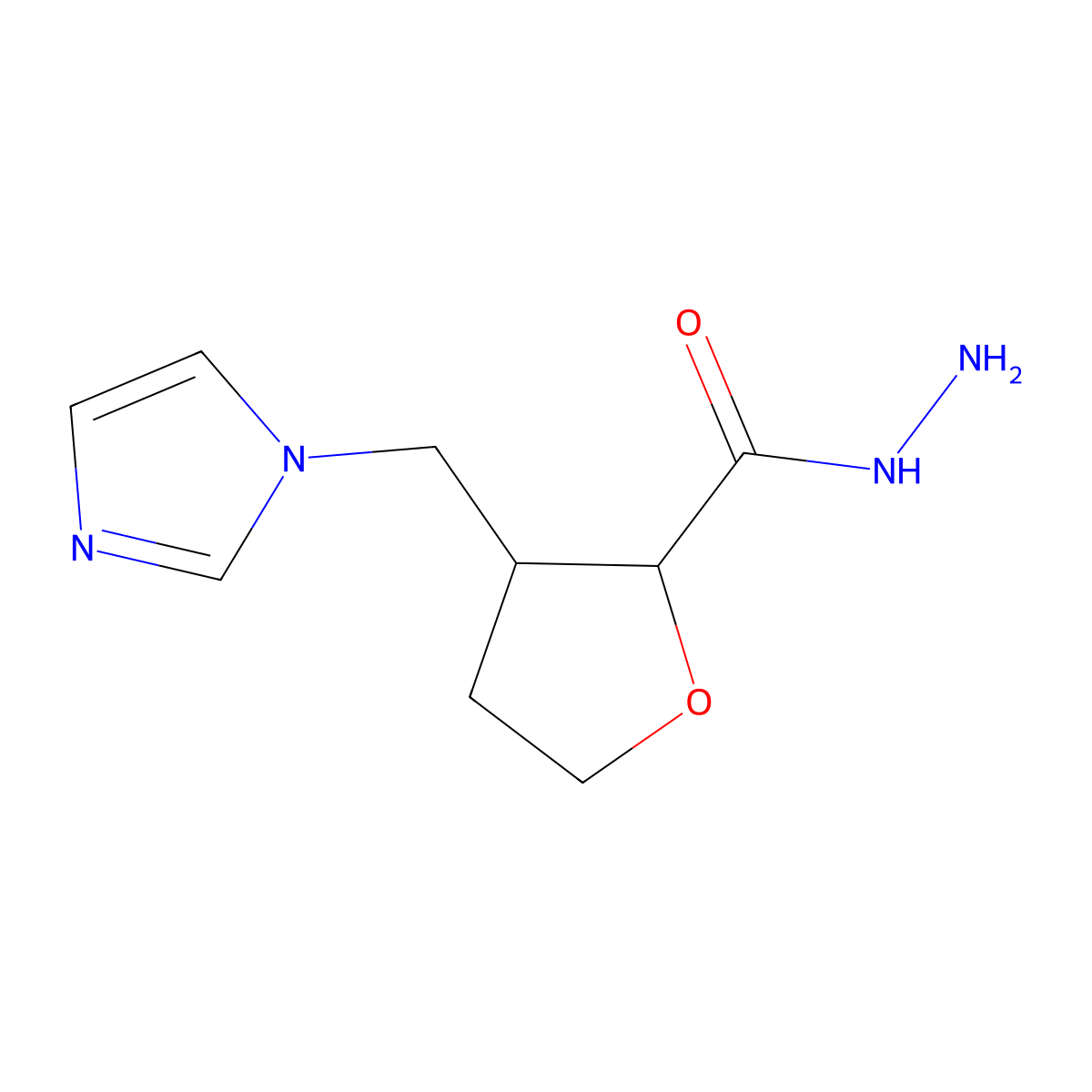 rac-(2R,3R)-3-[(1H-imidazol-1-yl)methyl]oxolane-2-carbohydrazide, cis molecular structure, CAS 2031242-54-1