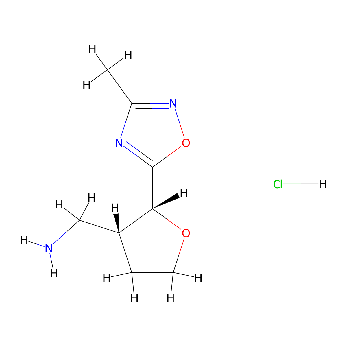 rac-[(2R,3R)-2-(3-methyl-1,2,4-oxadiazol-5-yl)oxolan-3-yl]methanamine hydrochloride, cis molecular structure, CAS 2031242-57-4