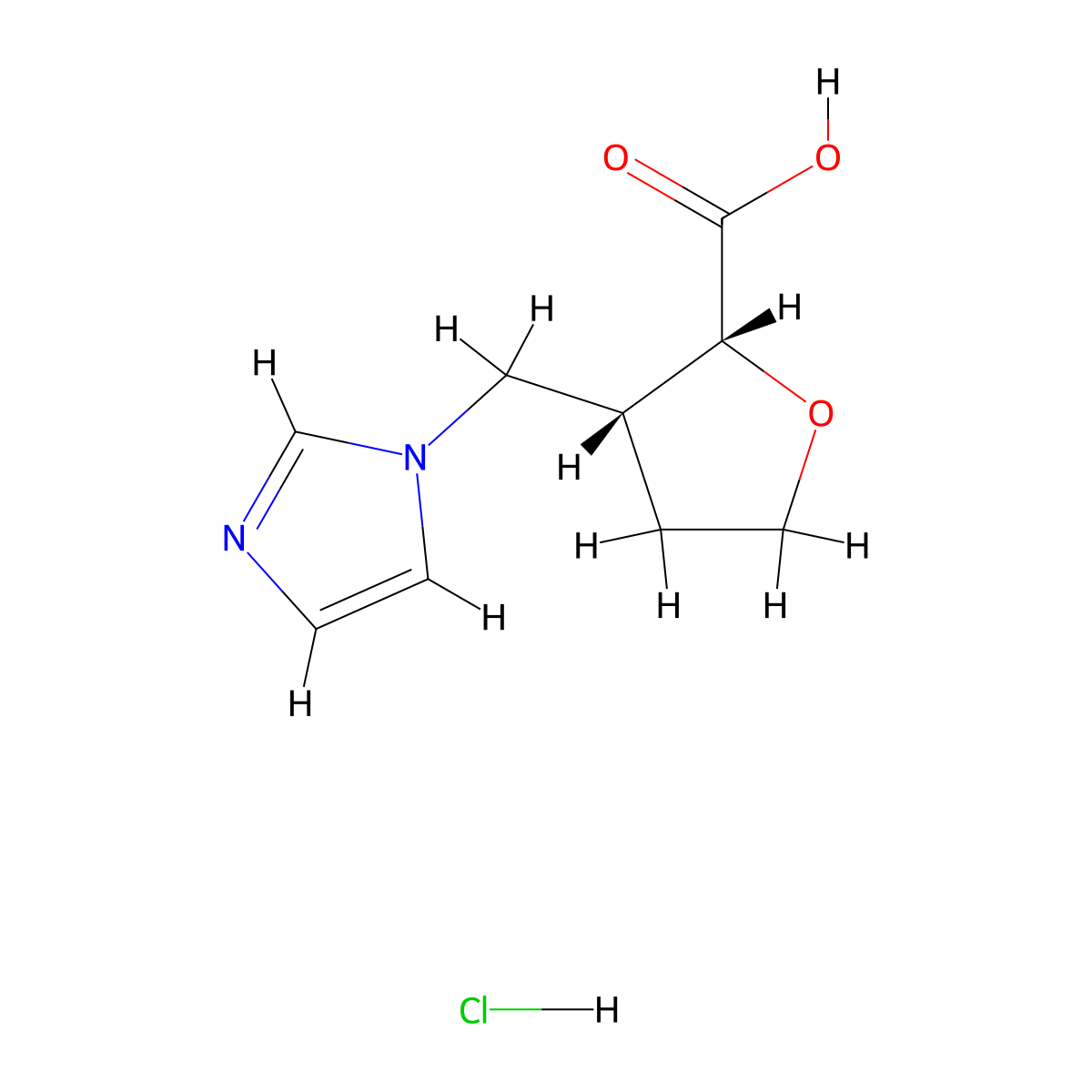 rac-(2R,3R)-3-[(1H-imidazol-1-yl)methyl]oxolane-2-carboxylic acid hydrochloride, cis molecular structure, CAS 2031242-65-4