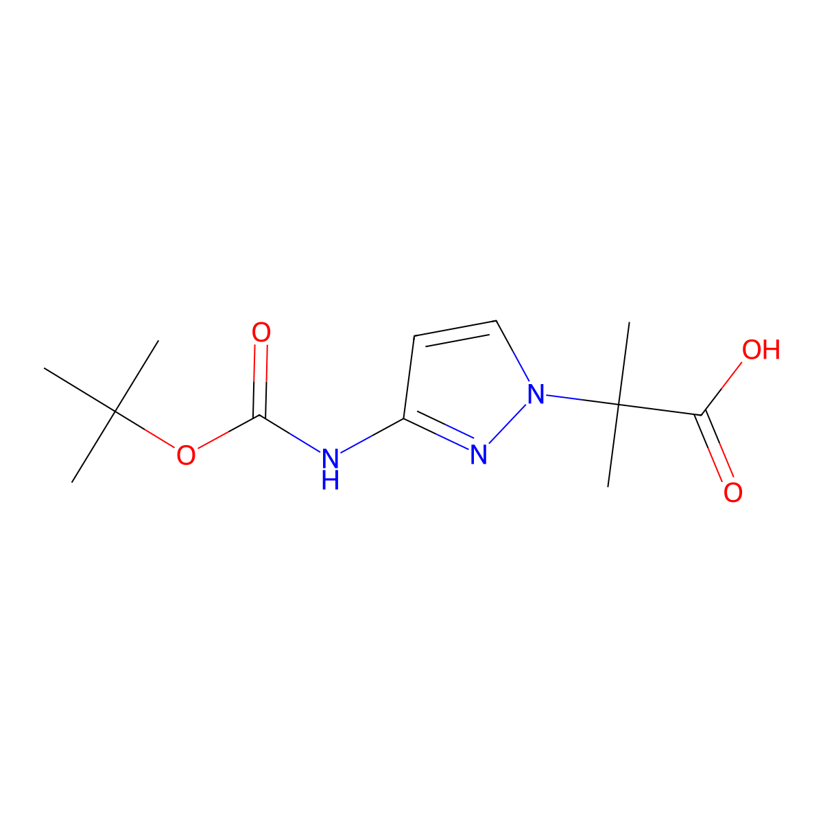 2-(3-{[(tert-butoxy)carbonyl]amino}-1H-pyrazol-1-yl)-2-methylpropanoic acid molecular structure, CAS 2031268-69-4
