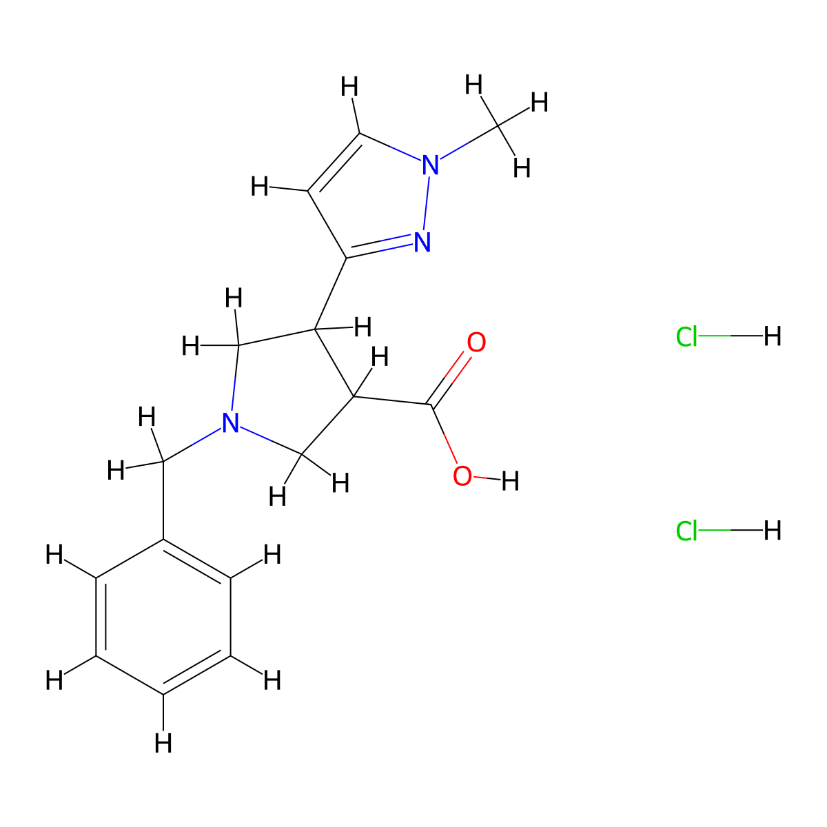 1-benzyl-4-(1-methyl-1H-pyrazol-3-yl)pyrrolidine-3-carboxylic acid dihydrochloride molecular structure, CAS 2031269-28-8