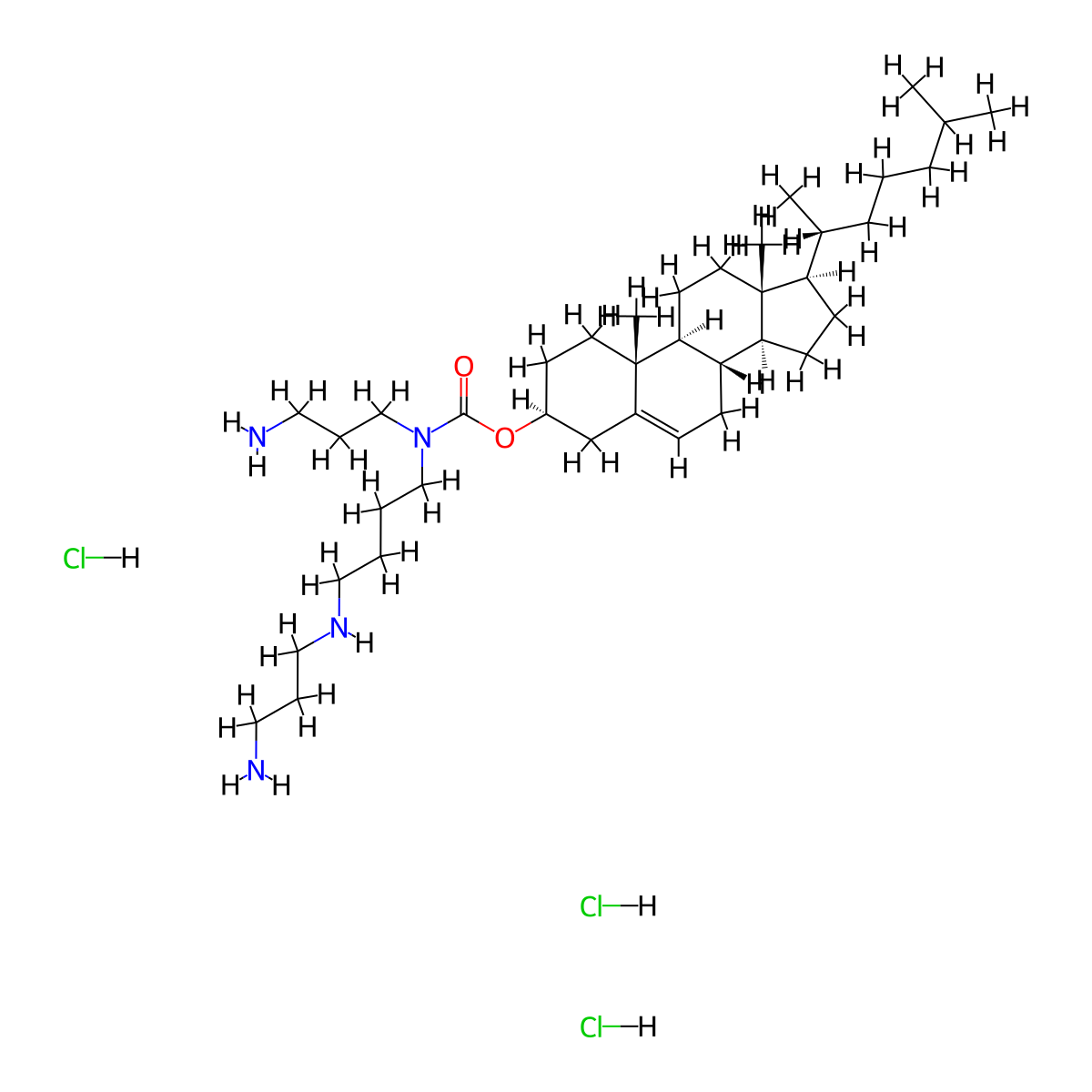 (3S,8S,9S,10R,13R,14S,17R)-10,13-Dimethyl-17-((R)-6-methylheptan-2-yl)-2,3,4,7,8,9,10,11,12,13,14,15,16,17-tetradecahydro-1H-cyclopenta[a]phenanthren-3-yl (3-aminopropyl)(4-((3-aminopropyl)amino)butyl)carbamate trihydrochloride molecular structure, CAS 203188-47-0