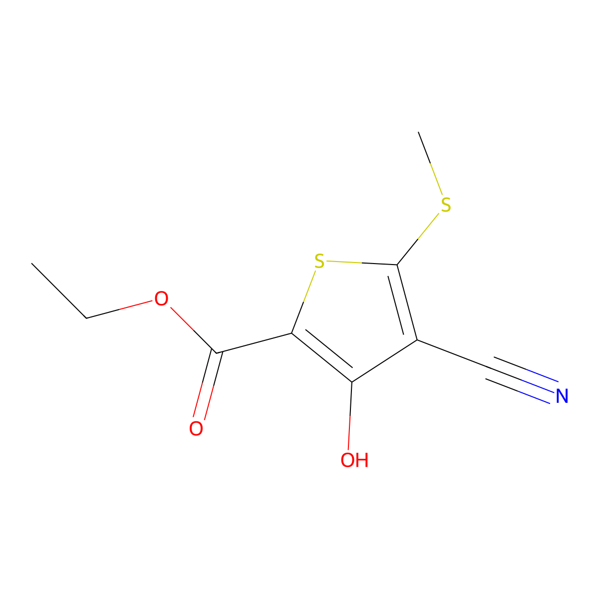 Ethyl 4-cyano-3-hydroxy-5-(methylthio)thiophene-2-carboxylate molecular structure, CAS 203189-41-7