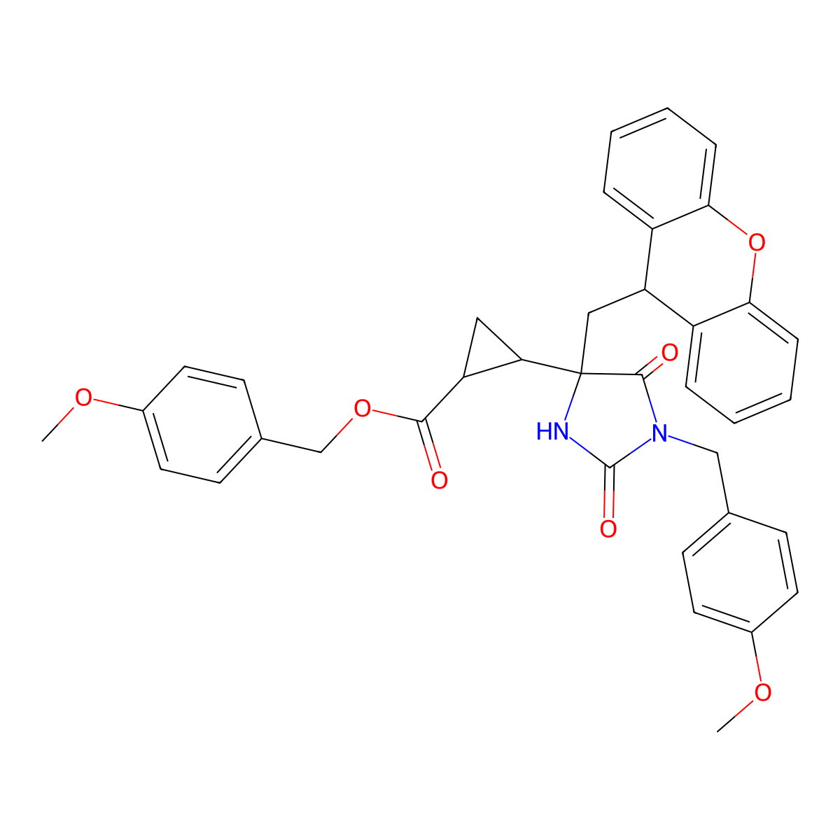 Cyclopropanecarboxylic acid, 2-[(4R)-1-[(4-methoxyphenyl)methyl]-2,5-dioxo-4-(9H-xanthen-9-ylmethyl)-4-imidazolidinyl]-, (4-methoxyphenyl)methyl ester, (1S,2S)- molecular structure, CAS 203209-15-8