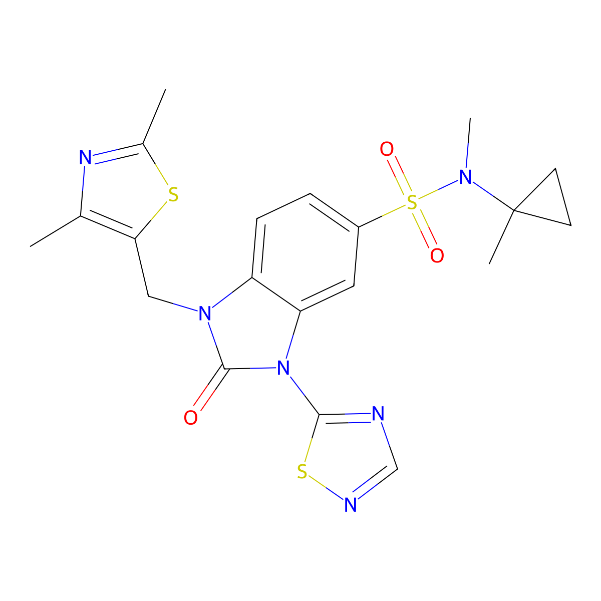 1-((2,4-Dimethylthiazol-5-yl)methyl)-N-methyl-N-(1-methylcyclopropyl)-2-oxo-3-(1,2,4-thiadiazol-5-yl)-2,3-dihydro-1H-benzo[d]imidazole-5-sulfonamide molecular structure, CAS 2032096-45-8