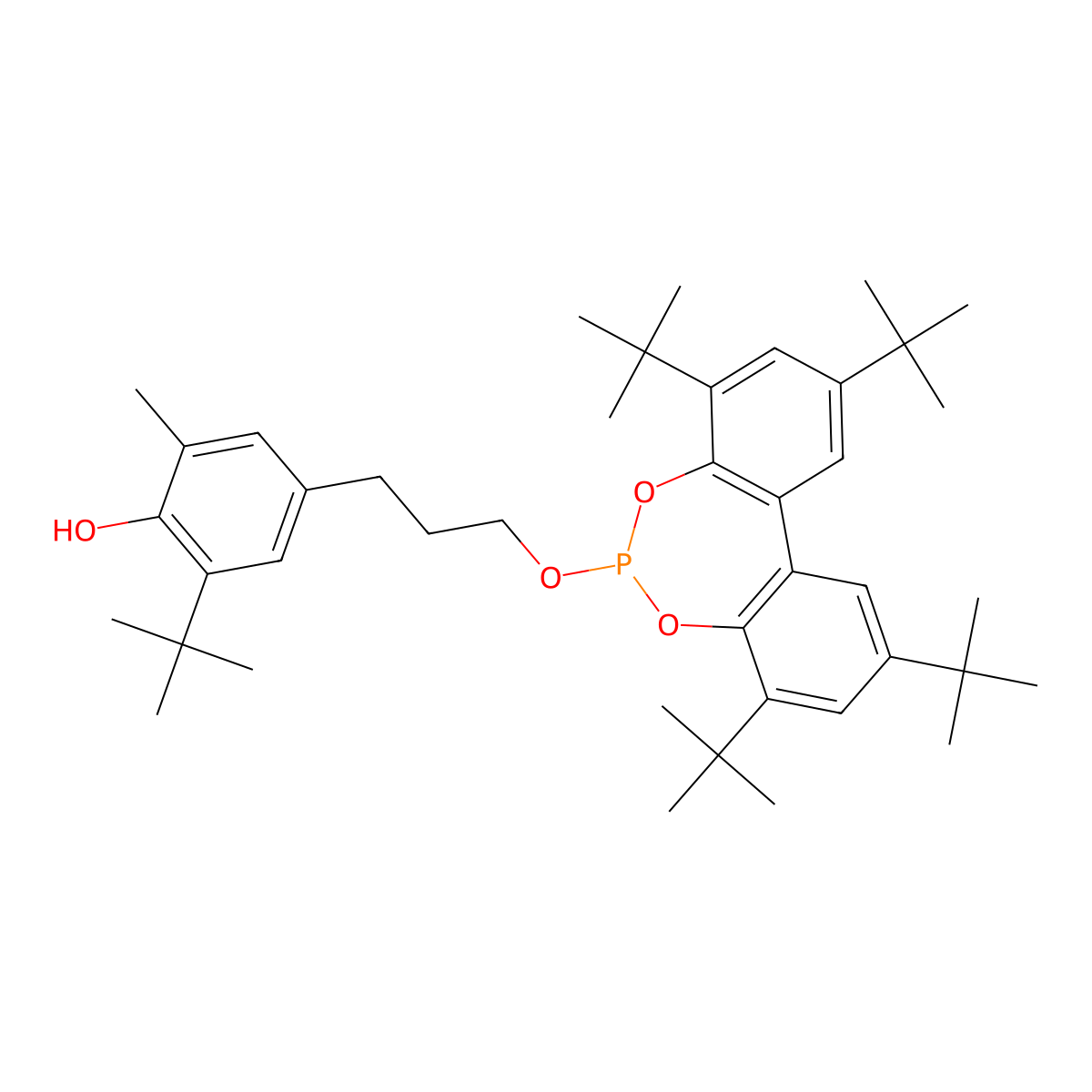2,4,8,10-Tetra-tert-butyl-6-(3-(3-methyl-4-hydroxy-5-tert-butylphenyl)propoxy)dibenzo(d,f)(1,3,2)dioxaphosphepin molecular structure, CAS 203255-81-6