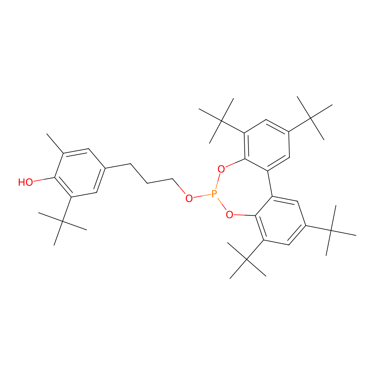2,4,8,10-Tetra-tert-butyl-6-(3-(3-methyl-4-hydroxy-5-tert-butylphenyl)propoxy)dibenzo(d,f)(1,3,2)dioxaphosphepin molecular structure, CAS 203255-81-6