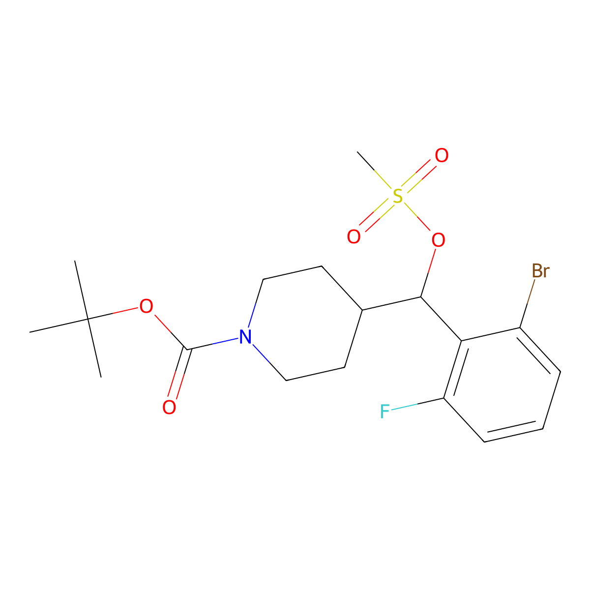 1-Boc-4-[(2-bromo-6-fluorophenyl)[(methylsulfonyl)oxy]methyl]piperidine molecular structure, CAS 2033173-36-1
