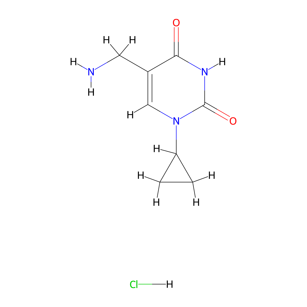 5-(Aminomethyl)-1-cyclopropyl-1,2,3,4-tetrahydropyrimidine-2,4-dione hydrochloride molecular structure, CAS 2034154-05-5