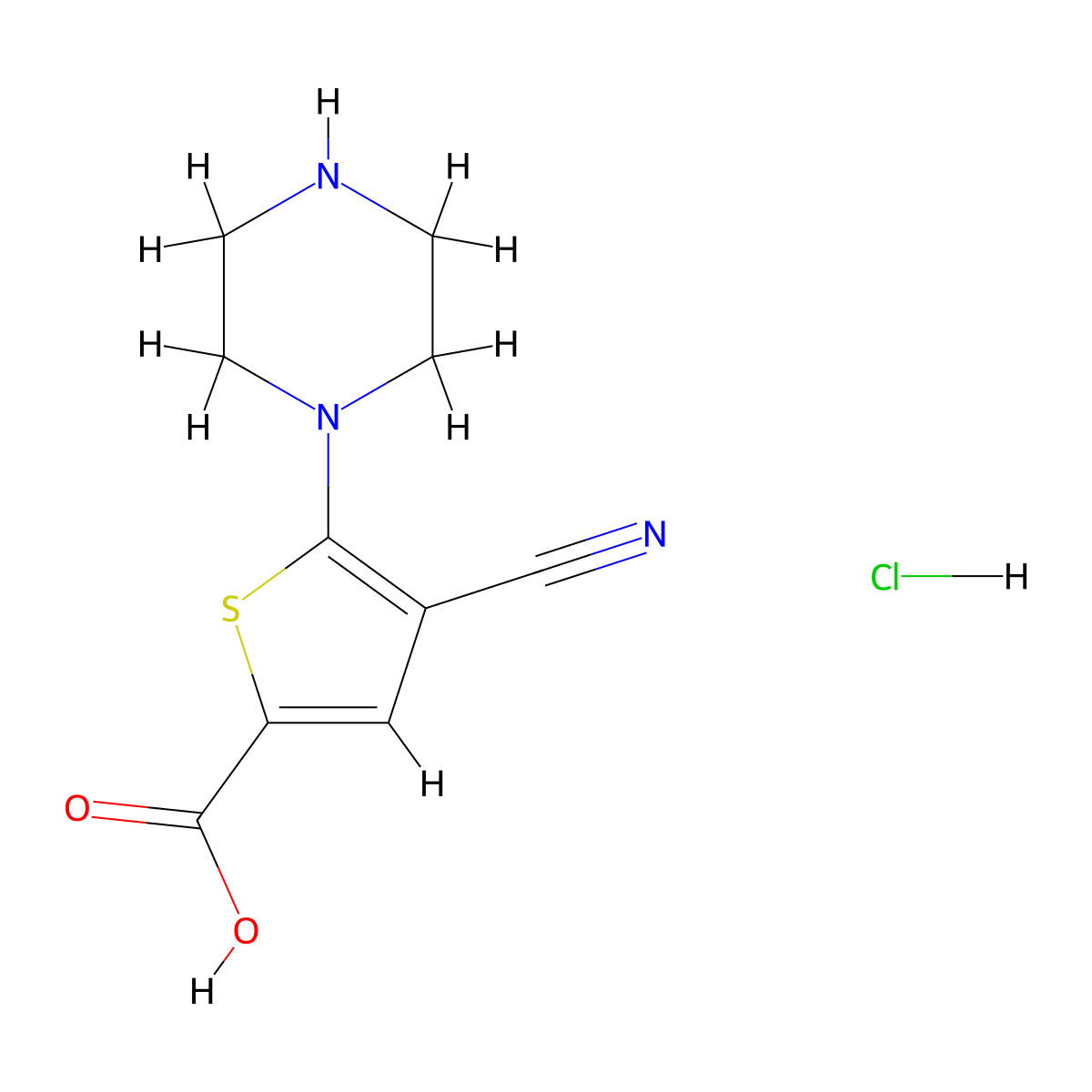 4-Cyano-5-(piperazin-1-yl)thiophene-2-carboxylic acid hydrochloride molecular structure, CAS 2034154-81-7