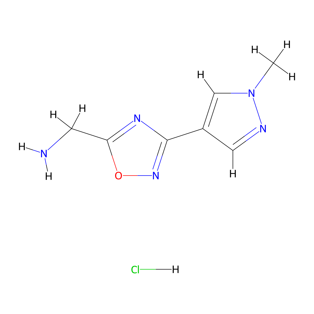 (3-(1-methyl-1H-pyrazol-4-yl)-1,2,4-oxadiazol-5-yl)methanamine hydrochloride molecular structure, CAS 2034155-33-2