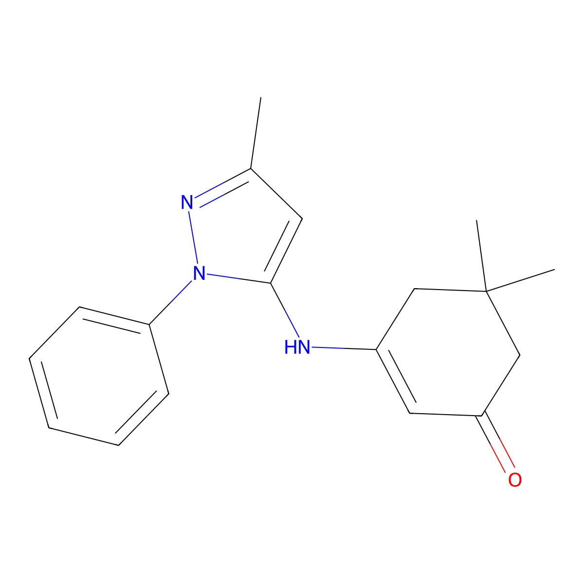 5,5-Dimethyl-3-[(5-methyl-2-phenylpyrazol-3-yl)amino]cyclohex-2-en-1-one molecular structure, CAS 2034155-52-5