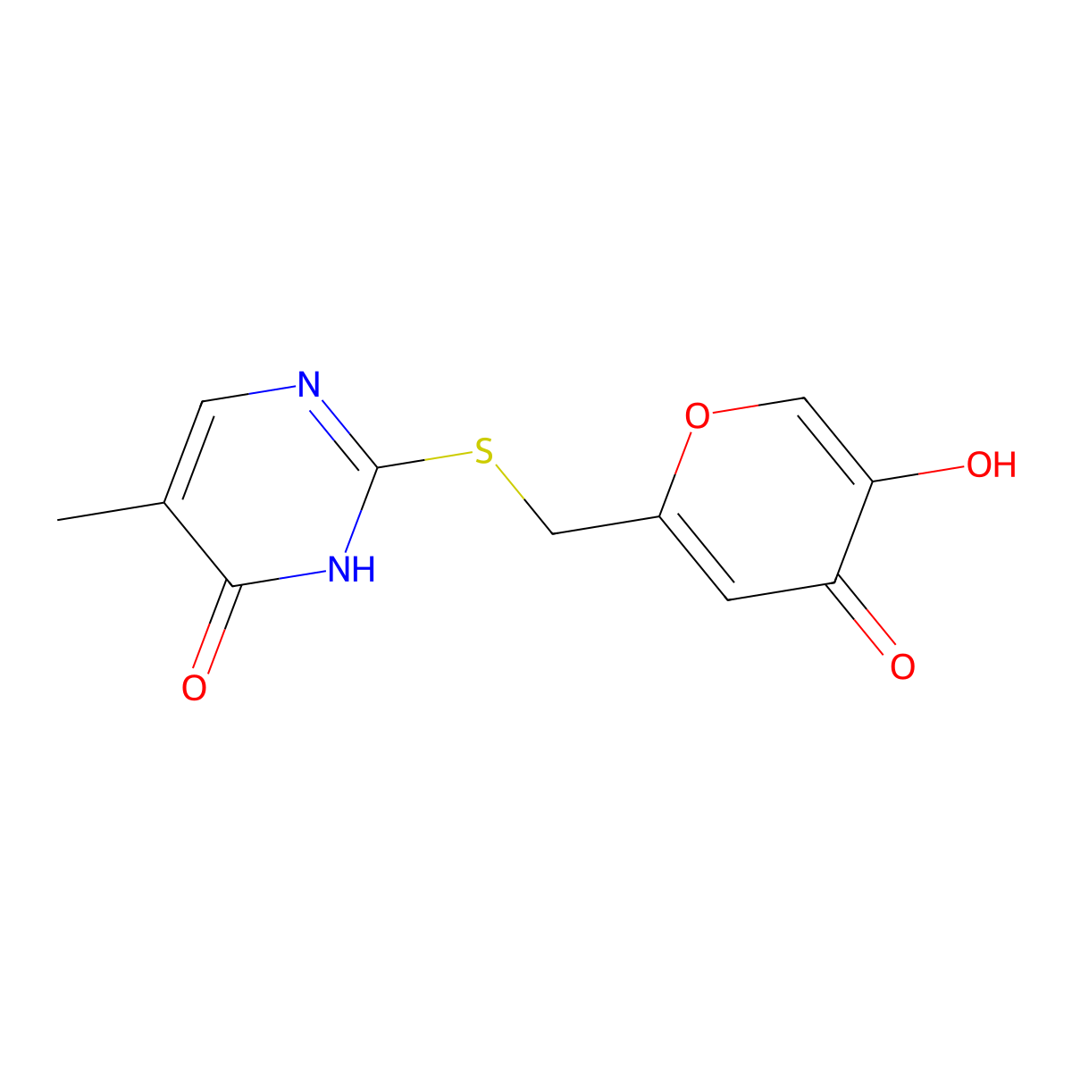 2-(((5-hydroxy-4-oxo-4H-pyran-2-yl)methyl)thio)-5-methylpyrimidin-4(3H)-one molecular structure, CAS 2034155-58-1