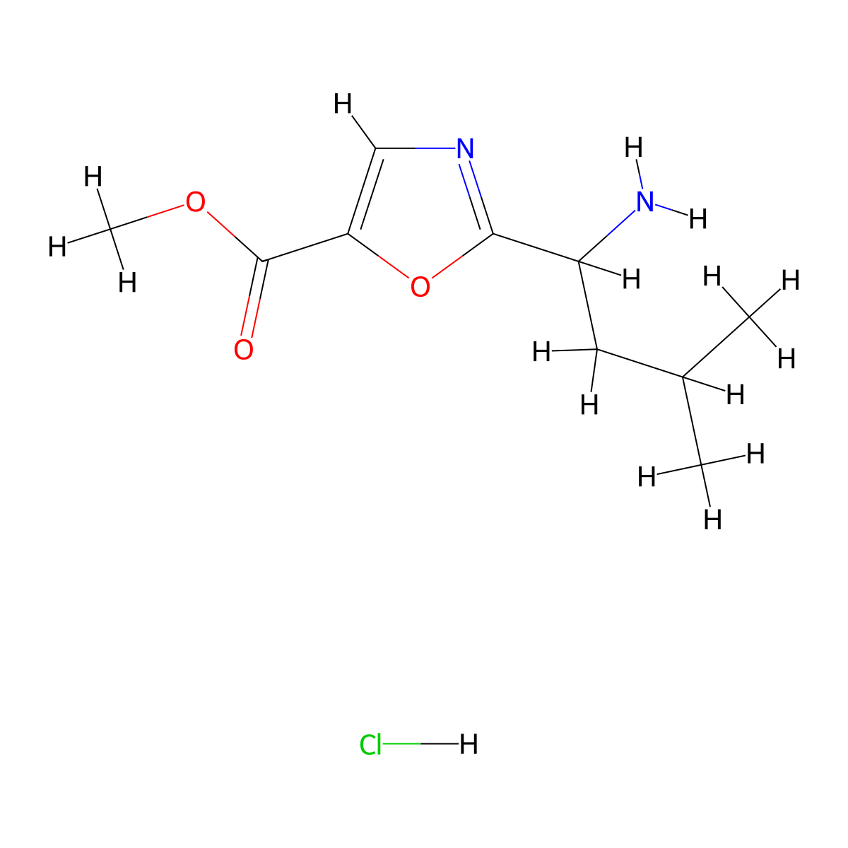 Methyl 2-(1-amino-3-methylbutyl)-1,3-oxazole-5-carboxylate hydrochloride molecular structure, CAS 2034157-49-6