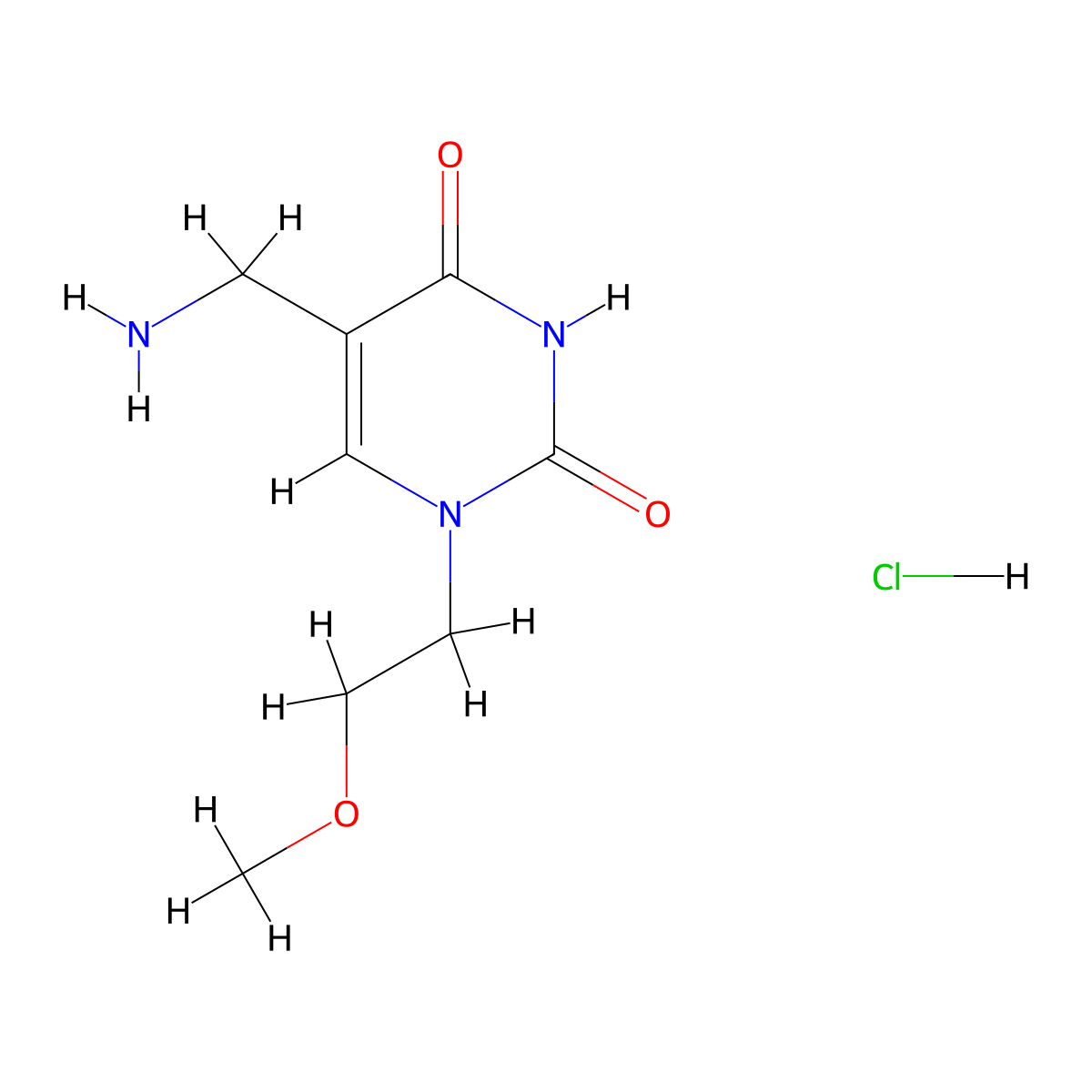 5-(aminomethyl)-1-(2-methoxyethyl)pyrimidine-2,4(1H,3H)-dione hydrochloride molecular structure, CAS 2034157-65-6