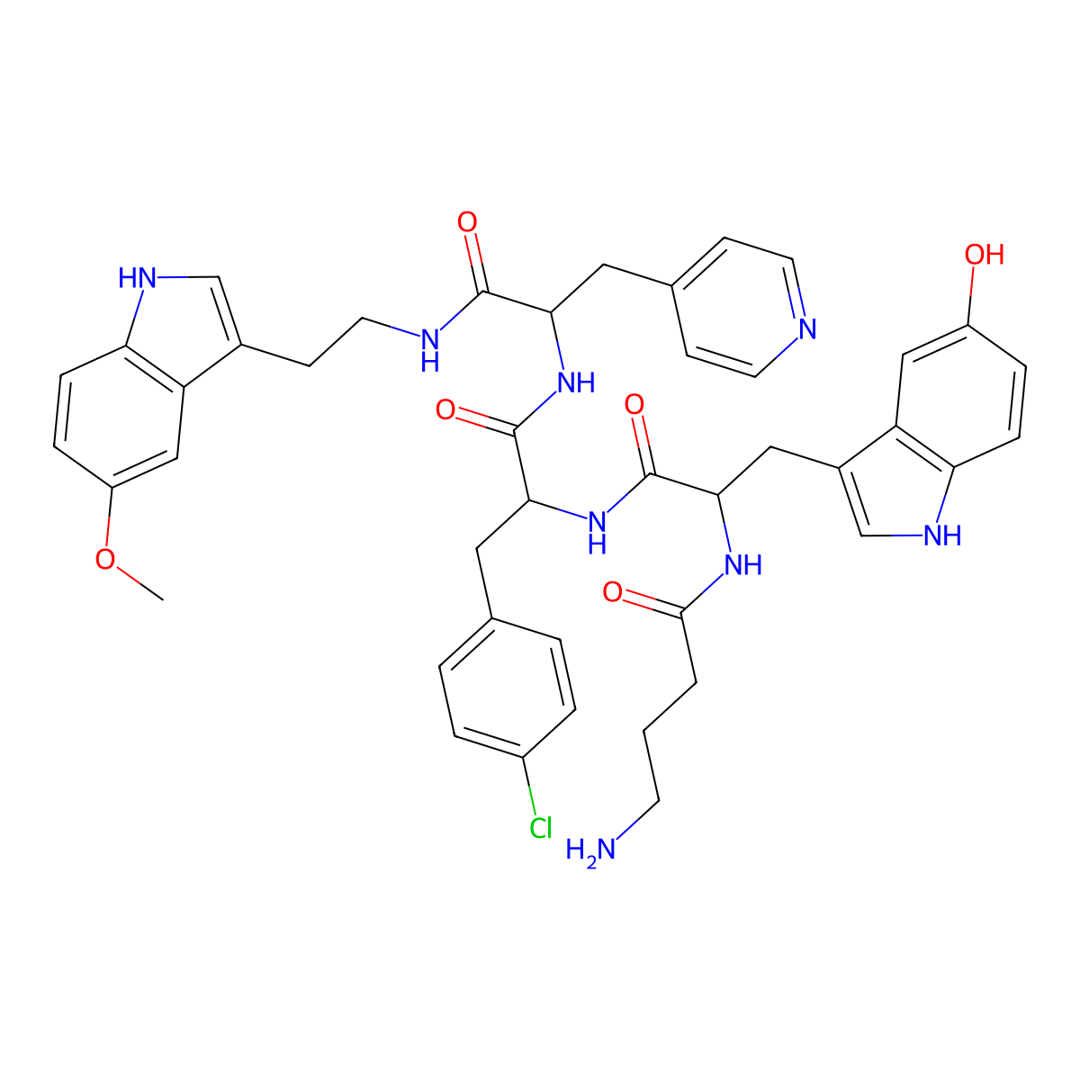 4-amino-N-((S)-1-(((S)-3-(4-chlorophenyl)-1-(((S)-1-((2-(5-methoxy-1H-indol-3-yl)ethyl)amino)-1-oxo-3-(pyridin-4-yl)propan-2-yl)amino)-1-oxopropan-2-yl)amino)-3-(5-hydroxy-1H-indol-3-yl)-1-oxopropan-2-yl)butanamide molecular structure, CAS 2034159-30-1