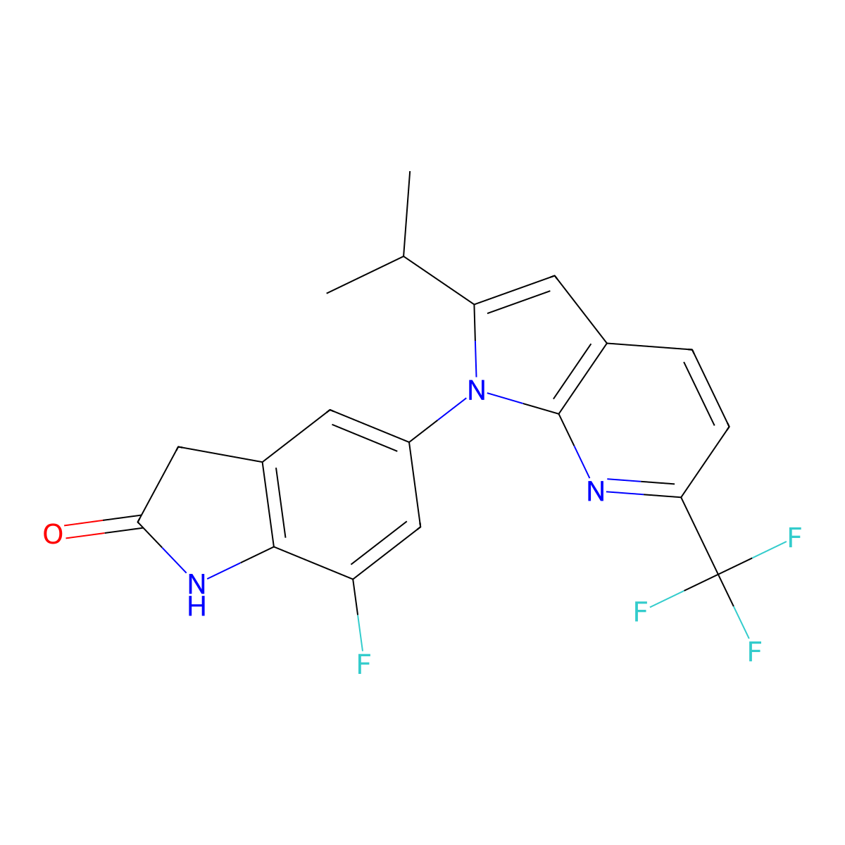 7-Fluoro-1,3-dihydro-5-[2-(1-methylethyl)-6-(trifluoromethyl)-1H-pyrrolo[2,3-b]pyridin-1-yl]-2H-indol-2-one molecular structure, CAS 2034183-77-0